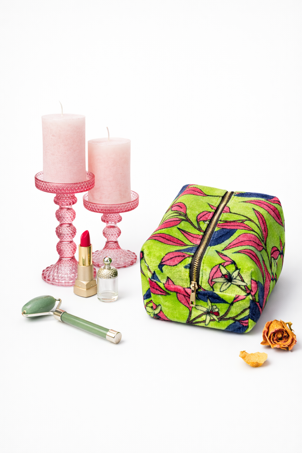 Velvet Mini Beauty Case - Pink Leaf