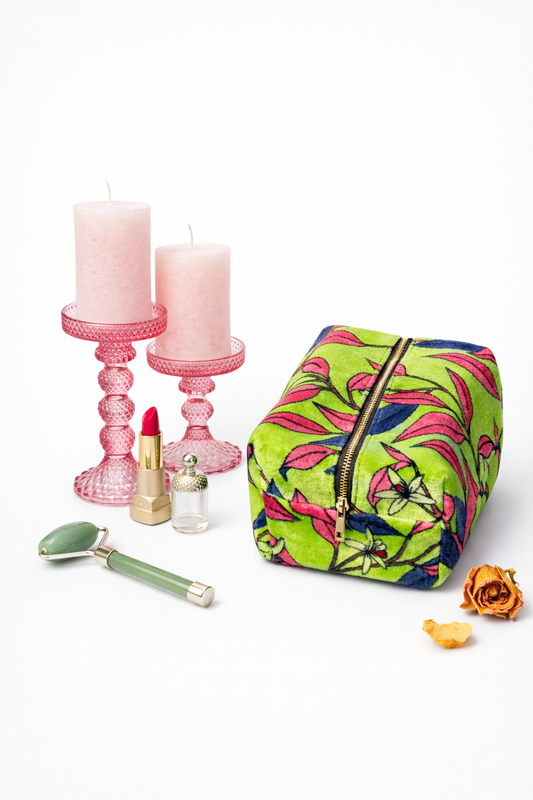 Velvet Mini Beauty Case - Pink Leaf