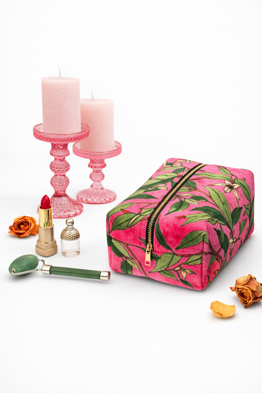Velvet Mini Beauty Case - Pink Leaf